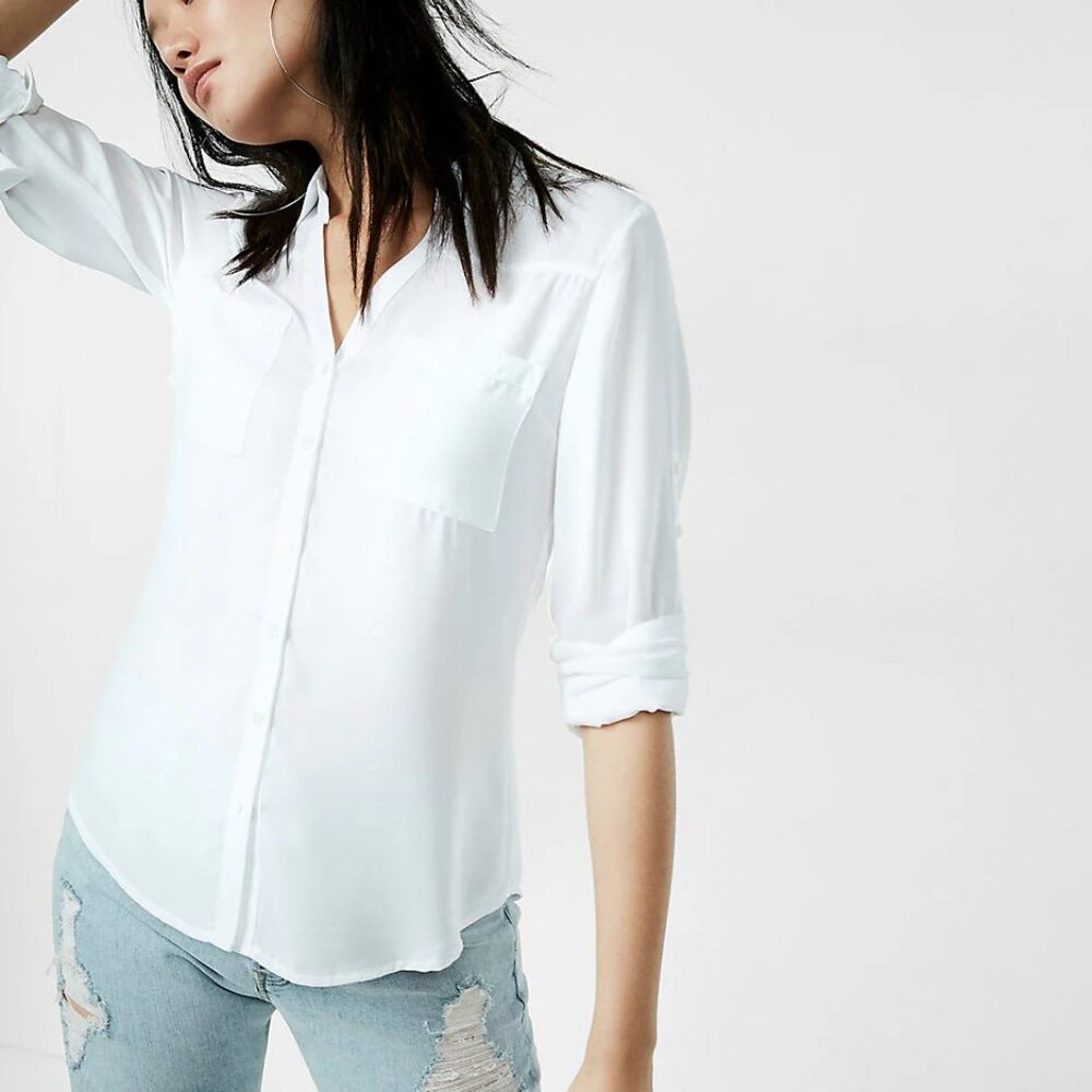 Express Portofino Sheer White Button Down Blouse